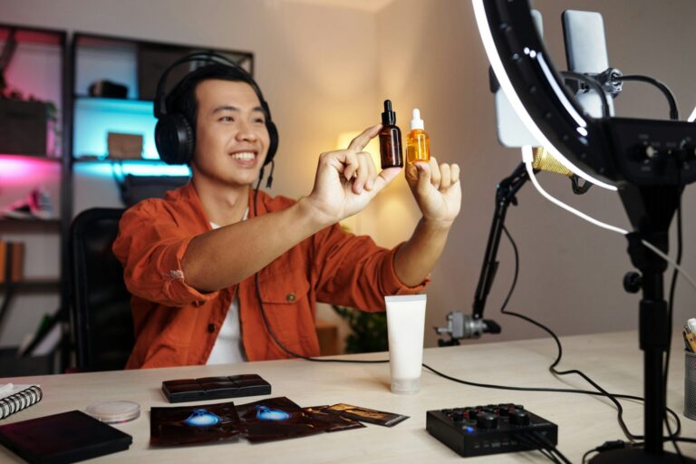 Influencer Advertising Skincare Products at Table