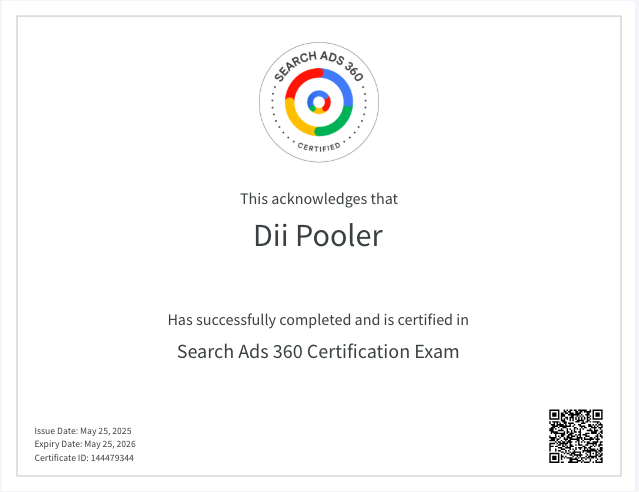 Search Ads 360 Certification Issued by Google for Dii Pooler